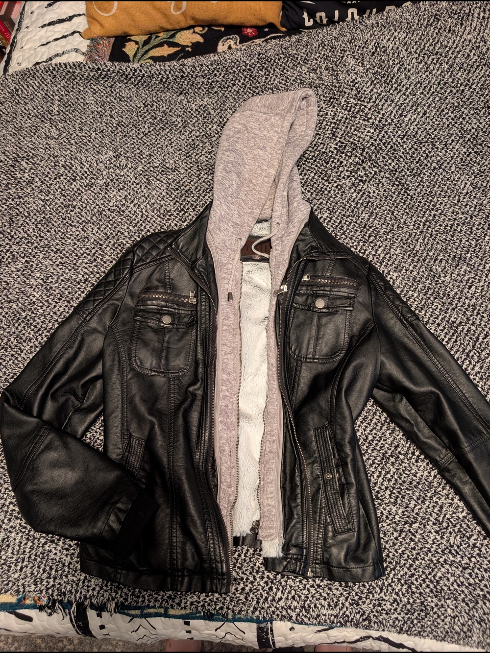 Black Faux Leather Jacket with Gray Hoodie Insert - Juniors LARGE